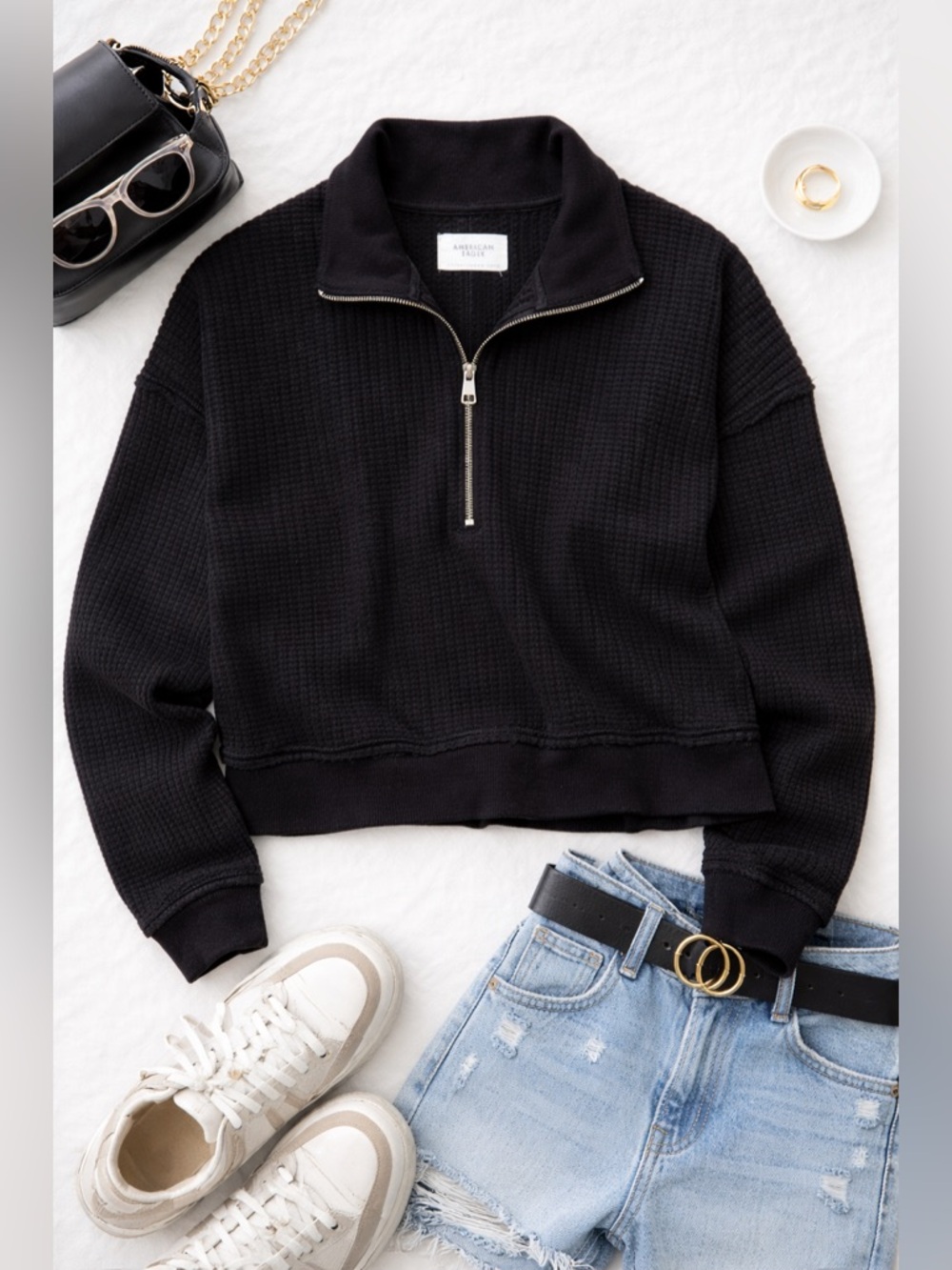 American Eagle Waffle-Knit Half-Zip Sweatshirt.